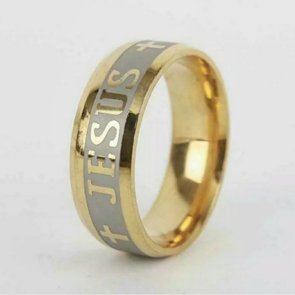 Gold Stainless Steel JESUS Insignia Emblem Embossed Engraved 8mm 8mm Band Ring - Picture 6 of 16